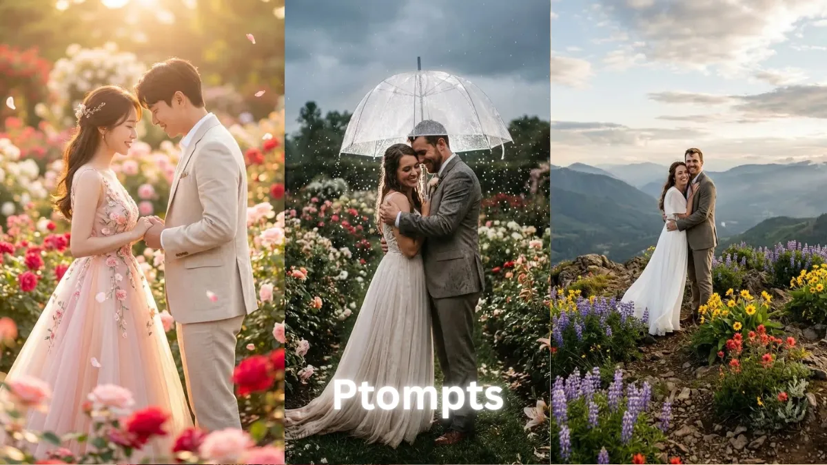 22 Beautiful Gemini AI Pre-Wedding Prompts in a Colorful Floral Paradise